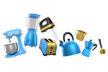 Set of kitchen appliances including mixer, blender, toaster, kettle isolated on white background, concept of cooking tools