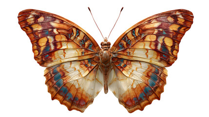 Detailed close-up of an orange and blue butterfly with intricate wing patterns isolated on white background