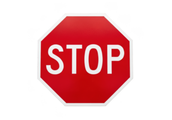 Red octagonal stop sign with white border and text, isolated on transparent background