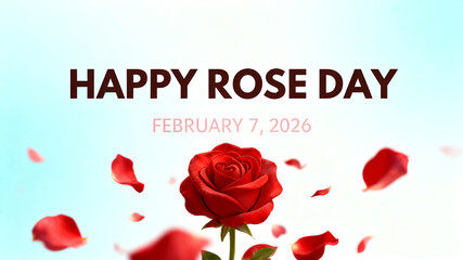 Red roses and petals embellish a light blue background, creating a romantic celebration scene on Rose Day (the first day of Valentine's Day) to convey love and express emotions.
