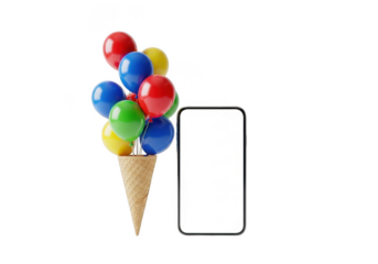 Colorful balloons in waffle cone with smartphone mockup isolated on transparent background