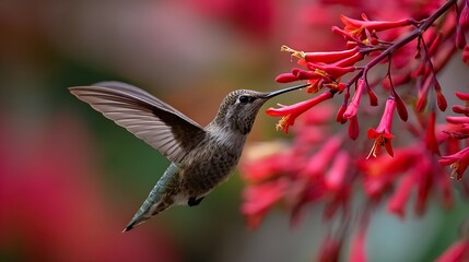 A small, green hummingbird in flight, hovering near a red flower