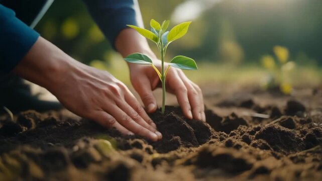 Close-up of hands planting a small tree sapling in soil, nature conservation concept