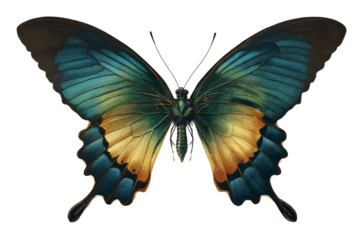 Ornate blue and gold butterfly wing detail with metallic sheen and intricate patterns isolated on white background