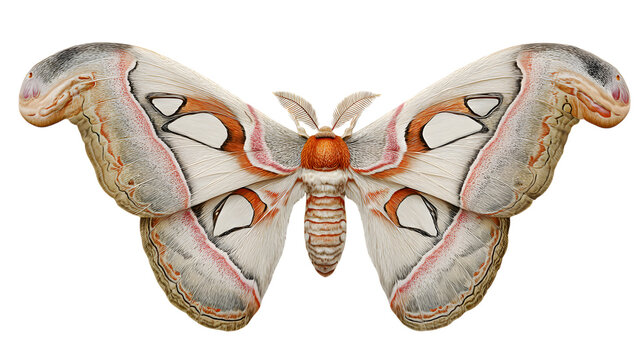 Atlas moth isolated on white background, delicate wings with eye-spots, intricate detail isolated on white background