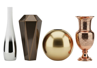 Collection of four metallic decorative vases and objects isolated on transparent background