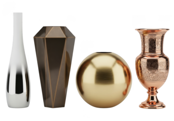 Collection of four metallic decorative vases and objects isolated on transparent background