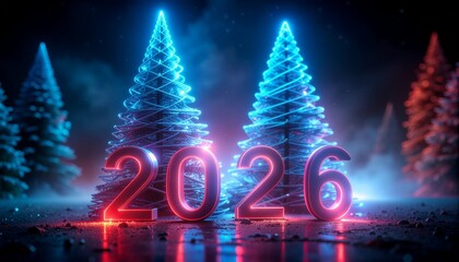 Neon New Year 2026 celebration with glowing Christmas trees in magical winter night landscape, perfect for holiday greetings and festive promotions