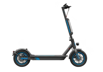 Dark grey electric scooter with blue accents isolated on transparent background