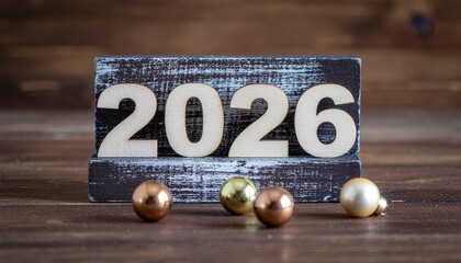 Excitement builds for 2026 with rustic wooden block and festive ornaments bringing anticipation and joy to the coming year's celebrations