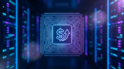 Digital microchip with dollar sign and arrow symbolizing financial growth in a futuristic data center environment.