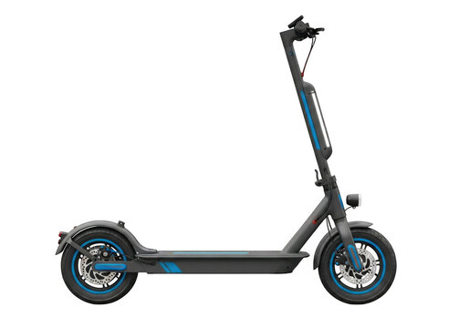 Dark grey electric scooter with blue accents isolated on transparent background