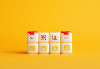 Small white cubes with red icons on a bright yellow background