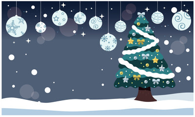 クリスマスのイラスト素材。雪景色の背景とオーナメント、クリスマスツリー