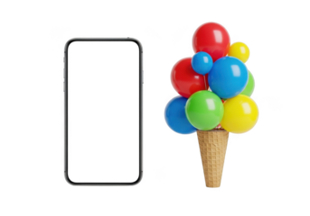 Smartphone and colorful balloons in an ice cream cone, isolated on transparent background