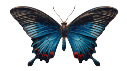 Close-up of a beautiful blue butterfly with black and red accents, isolated. isolated on white background