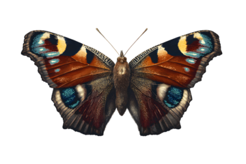 Peacock butterfly with intricate wing patterns and eye spots isolated isolated on white background