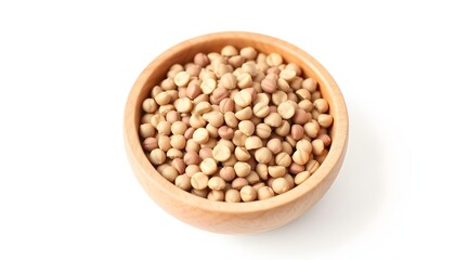 &ldquo;Top-down view of a wooden bowl filled with dried peas in shades of light beige to tan, placed on a bright white surface, emphasizing round texture and natural variation, minimalistic composition, sof