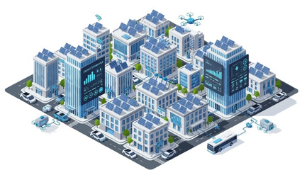 Futuristic Isometric Smart Cityscape with Solar Panels Data Screens and Eco-Friendly Transport.