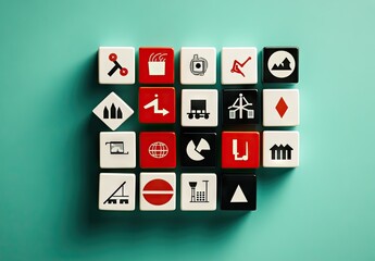 Grid of small, colored blocks with various icons