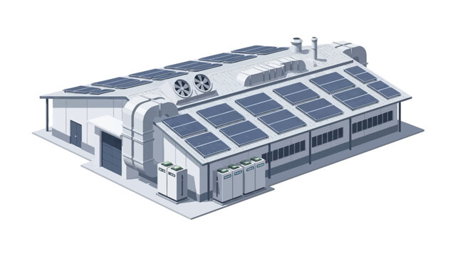 Modern industrial building with rooftop solar panels and external energy storage units.