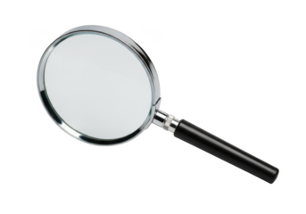 Magnifying glass with silver rim and black handle isolated on transparent background