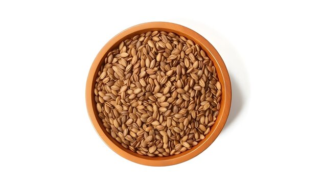 &ldquo;Top-down view of a wooden scoop filled with light brown flaxseeds, densely packed and smooth, placed on a bright white background, emphasizing glossy oval texture and earthy tones, minimalistic compo