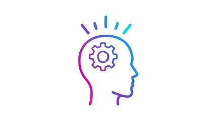 Gradient line icon of human head profile with gear inside, symbolizing thinking process, idea generation, innovation, and intellectual mechanism.