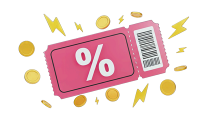 Discount Coupon with Percentage Symbol and Coins on White Background