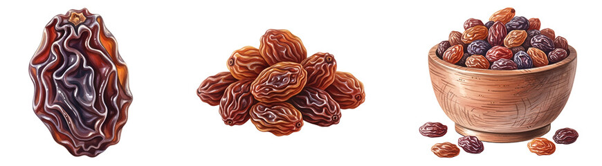 Illustration showing single raisin, pile of raisins, and a bowl filled with raisins on a plain surface on transparent background