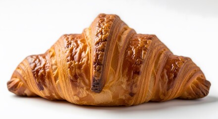 Golden brown croissant freshly baked pastry with flaky layers isolated on white background for break