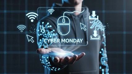 Man Presenting Cyber Monday Deals With Futuristic Technology Interface