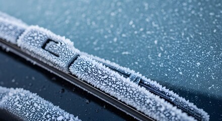 Automobile windshield and wiper blade heavily frosted with ice crystals during a cold winter morning for seasonal climate concept