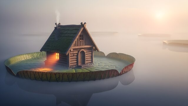 A Surreal Wooden Cabin with a Lit Window and Smoking Chimney, Floating on a Massive Green Lily Pad in a Misty, Calm Lake at Sunrise