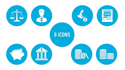 Fototapeta premium Financial, Banking, and Legal Vector Icons Set. Business and Money Concepts Collection in Blue Circles.