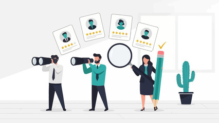Recruitment Process Illustration: HR Team Evaluating Candidates Resumes and Qualifications with Search Tools