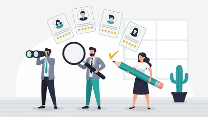 Recruitment Process Vector Illustration. HR Team Searching, Assessing, and Selecting the Best Candidate Talent Profiles.