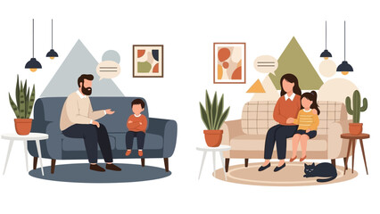 Co-Parenting Illustration: Divorced Parents with Children in Separate Households. Father Talking to Son and Mother Comforting Daughter