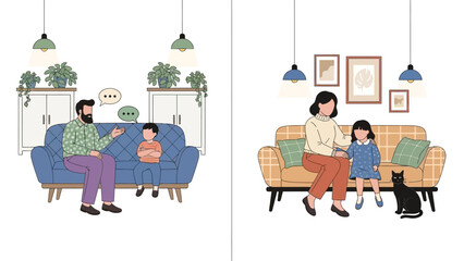Modern Family Life Vector Illustration Set: Father Son Conversation and Mother Daughter Bonding Time with Pet Cat at Home