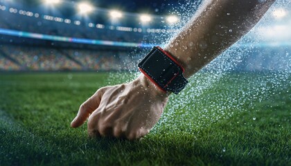 A close-up of an athlete's arm with a smartwatch touching a wet green sports field in a stadium.