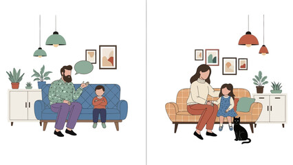 Family Dynamics Vector Illustration Set: Father Speaking to Upset Son and Mother Comforting Daughter in Cozy Home Interior Scenes