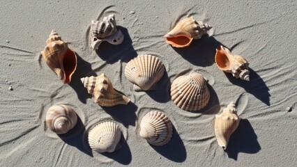 A diverse collection of beautiful seashells artfully arranged on sun-kissed, rippled sand, evoking serene coastal memories and the ocean's gentle embrace
