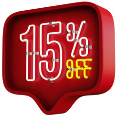 3D Flickering Animation of 15 Percent Off Neon Discount Sign Inside a Red Bubble Balloon