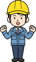 ガッツポーズするヘルメットをかぶった現場監督の男性