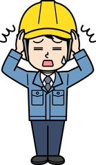 頭を抱えるヘルメットをかぶった現場監督の男性