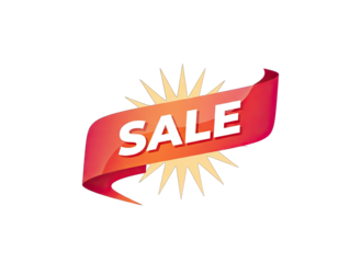 Vibrant red ribbon banner with the word SALE in white text set against a bright yellow starburst burst on a black background advertising a special promotion event