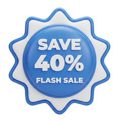 3D Blue and White Save 40 Flash Sale Promotional Badge