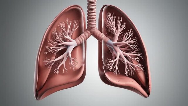 Human lungs with trachea and bronchi. Respiratory system anatomy. Medical illustration. Isolated on gray background. Healthcare and medicine concept. Detailed internal organ structure.