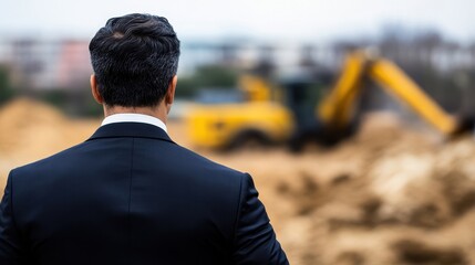 A man in a tailored suit observes a construction site with heavy machinery in the background.
