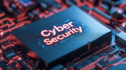 A close-up of a circuit board displays illuminated text reading "Cyber Security," highlighting themes of technology and digital protection.
